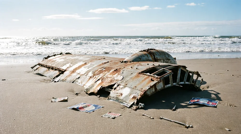 A Boeing 777 flaperon being examined by investigators on a beach on Réunion Island.