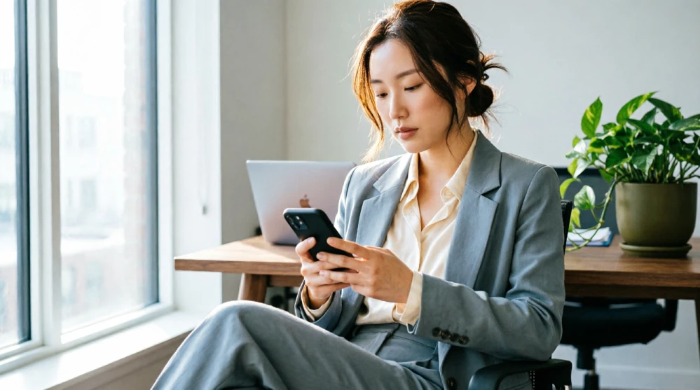 A focused professional using a smartphone to remove personal information, opt out of data brokers, and secure their digital privacy.