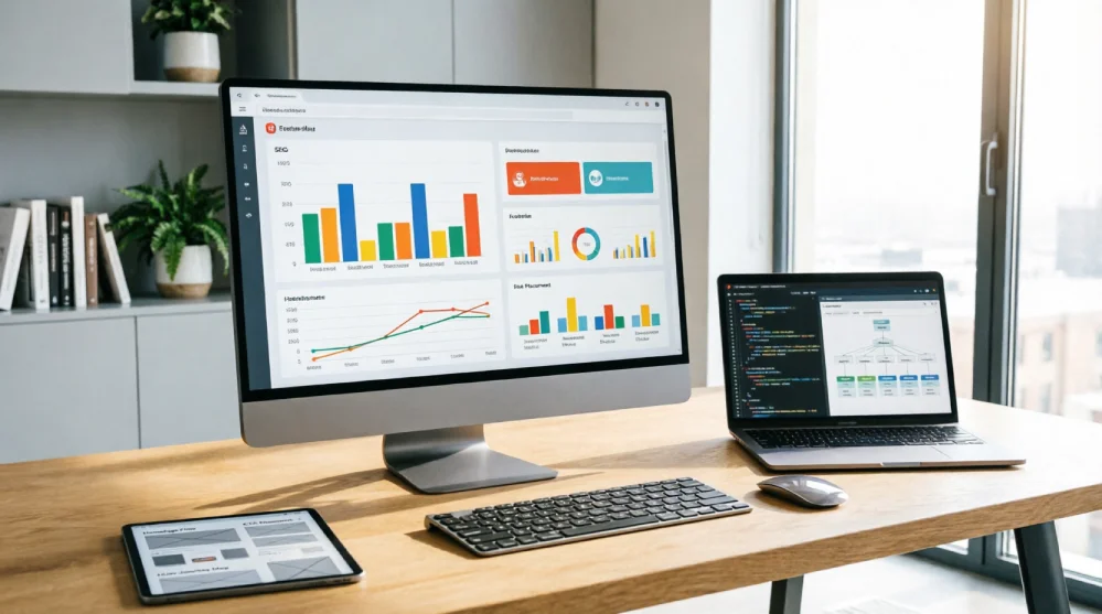 A modern workspace desk showing vibrant digital marketing analytics on a large monitor and IT infrastructure code on a sleek laptop, representing comprehensive marketing and IT consulting services.