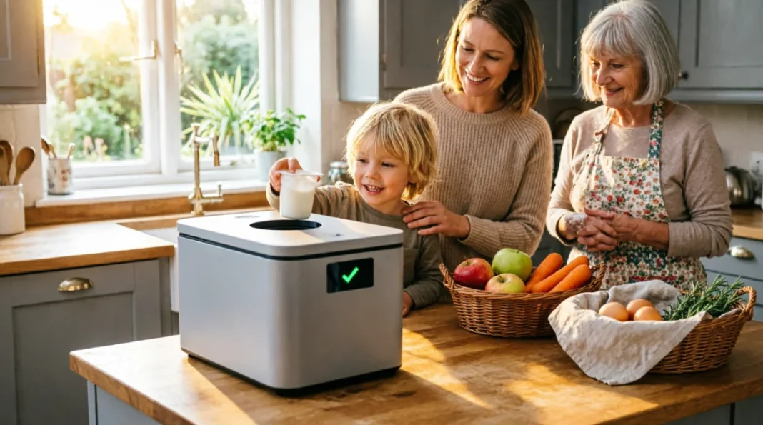 A multi-generational family using the MataRecycler smart bin in a sunlit kitchen, with a child recycling a yogurt cup while the digital display shows a green checkmark.