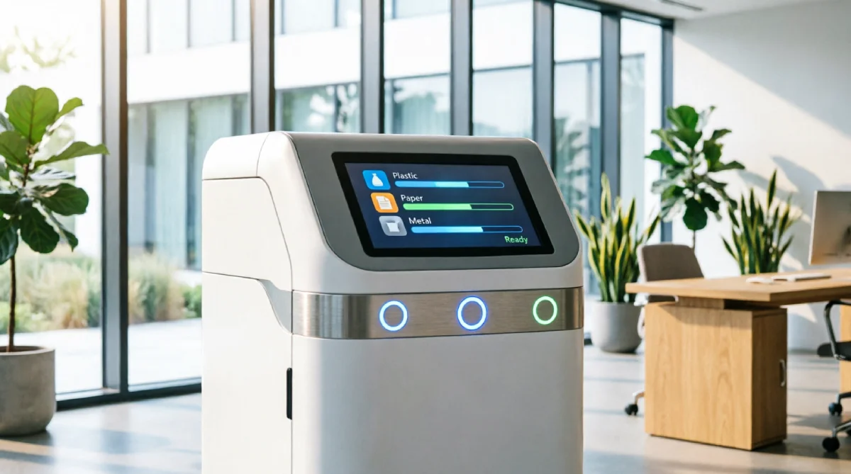 MataRecycler smart recycling bin with digital touchscreen display showing real-time material classification for plastic, paper, and metal in a modern sustainable office space with natural lighting