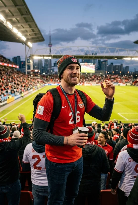 A man in a stadium wearing a Canada soccer jersey layered over a dark long-sleeve shirt and a beanie, holding a cup. The Toronto skyline and CN Tower are visible in the background under a cloudy evening sky.