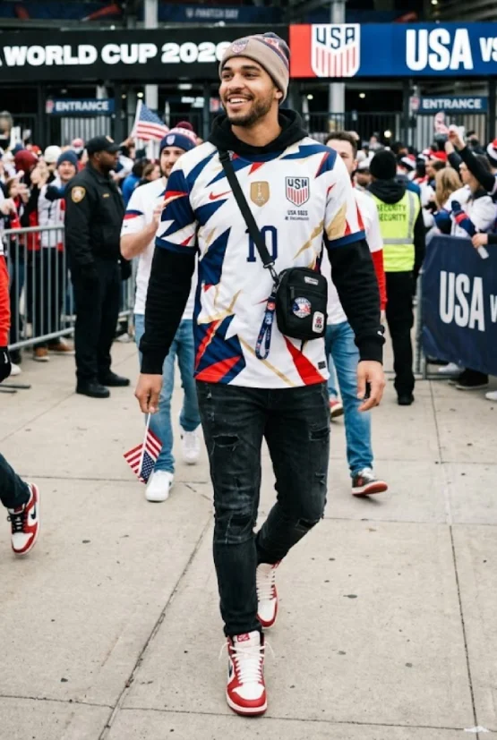 A male fan walks outside MetLife Stadium wearing a stylish layered outfit featuring a USA soccer jersey over a black hoodie, distressed black jeans, and sneakers, capturing a modern streetwear look for the FIFA World Cup 2026.