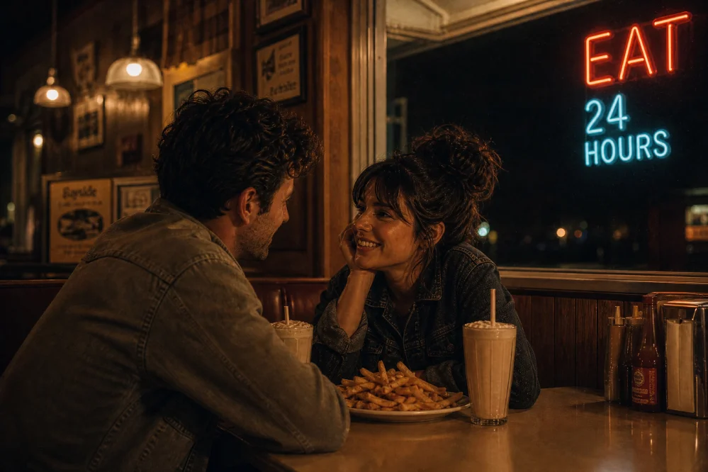 A couple sharing milkshakes and fries in a cozy, vintage-style 24-hour diner at night, with a glowing "EAT 24 HOURS" neon sign in the window.