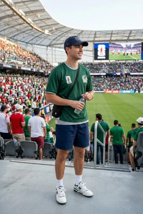 A stylish and authentic men's sportswear outfit idea for a FIFA World Cup 2026 match, featuring a green retro-inspired jersey, technical track shorts, and a team cap in a vibrant stadium setting.