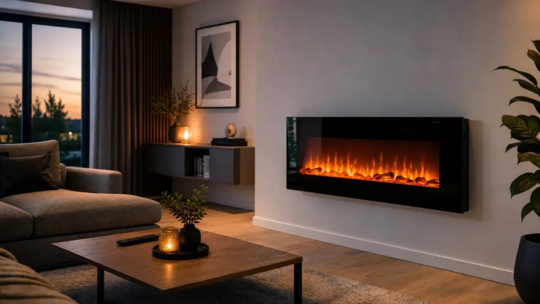 A sleek wall-mounted electric Zimmerkamin fireplace with a warm orange flame effect in a minimalist modern living room.