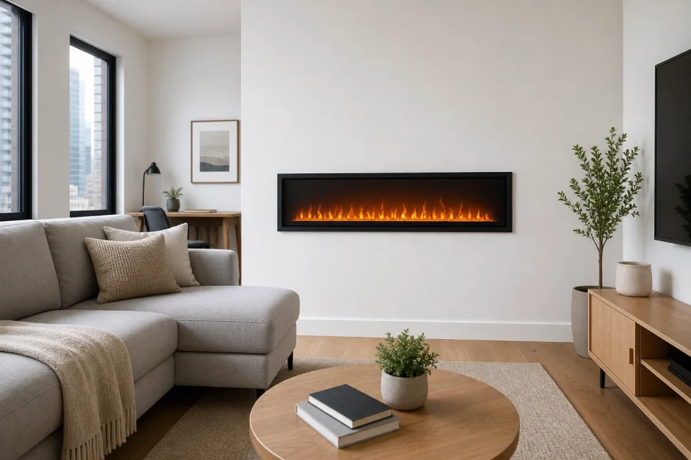 A sleek white wall-mounted electric fireplace in a minimalist apartment living room with a sofa and warm lighting