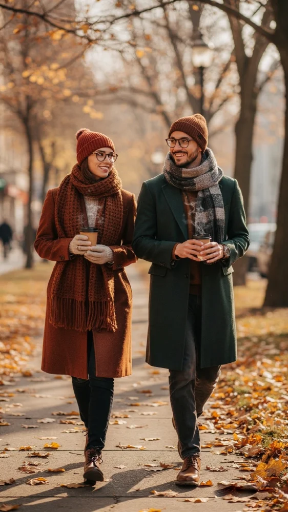 A young couple in hipster-style wool coats, knit scarves, and beanies walk down a leaf-covered city sidewalk in late fall, holding steaming coffee cups as soft morning light filters through bare trees.