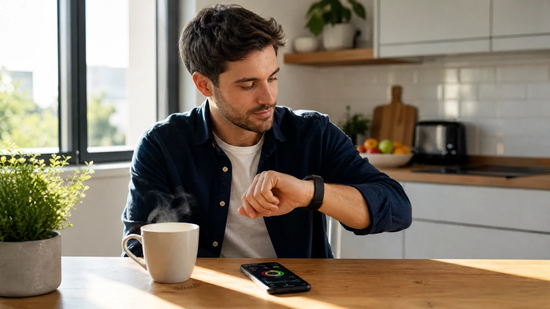 A person in their 30s checking a smartwatch and wellness app on their phone during a calm morning routine at home