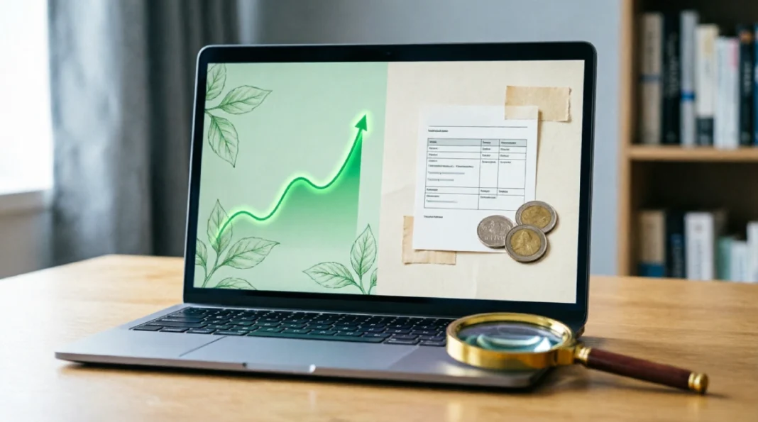 A magnifying glass examining a laptop screen that contrasts a green sustainable investment dashboard with a basic online survey form, illustrating the conflicting identities of the MyGreenBucks platform.