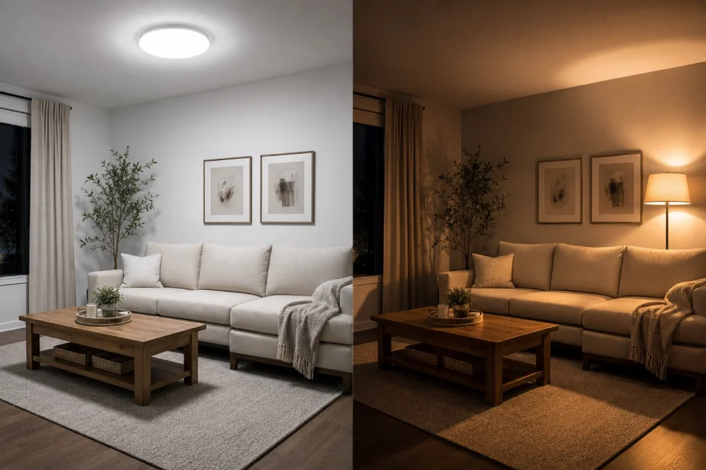 Before-and-after comparison of the same living room: left side harsh overhead light, right side warm glow from a single added floor lamp