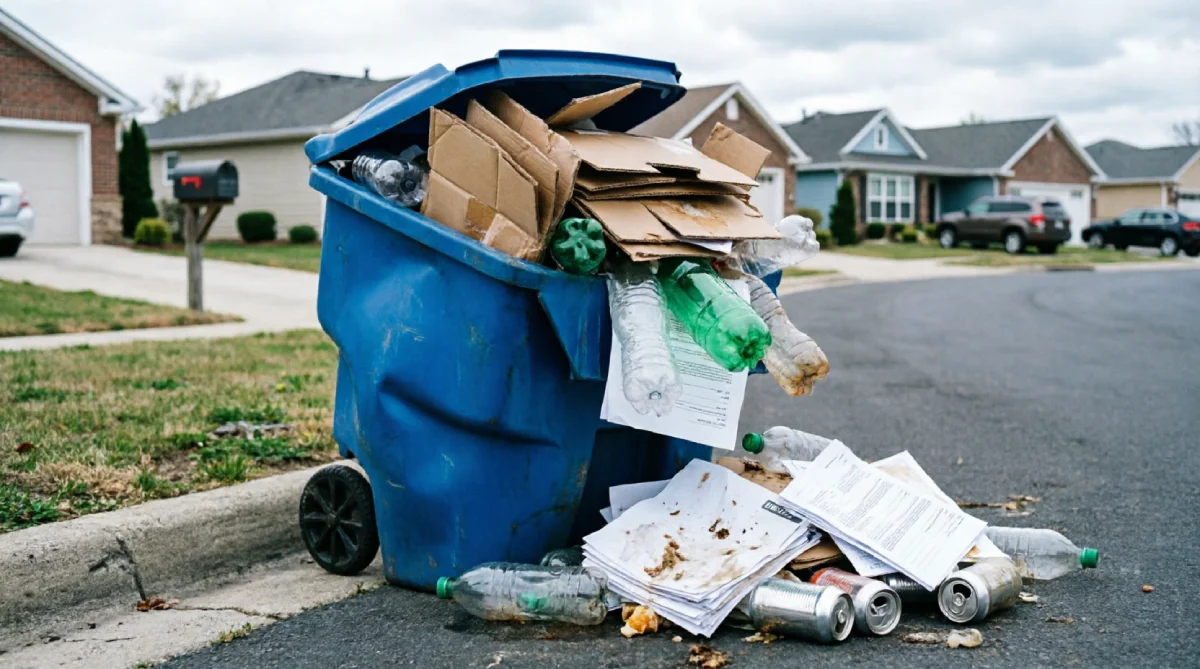 Overflowing blue recycling bin with mixed waste and contamination on suburban curb in neighborhood, illustrating the recycling crisis that MataRecycler aims to solve