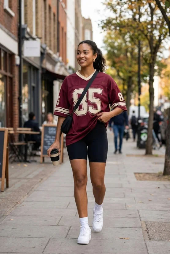 A stylish woman modeling an oversized vintage football jersey with black biker shorts and white sneakers, creating a sporty-casual outfit suitable for 2026 fashion trends.