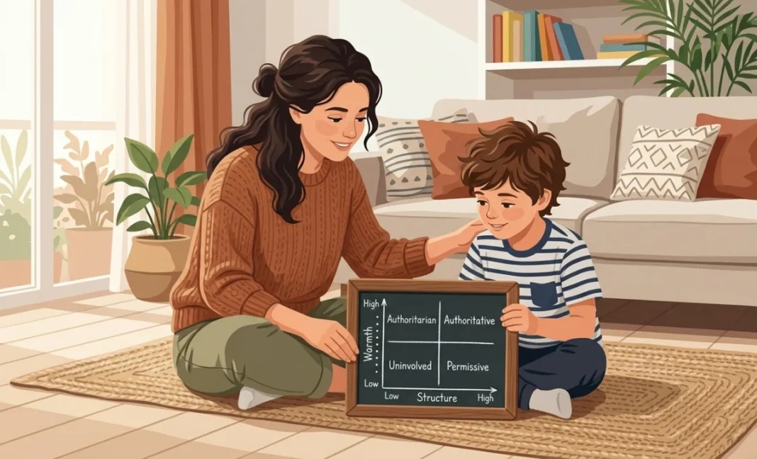 A parent and child looking at a chart showing four parenting styles: authoritative, authoritarian, permissive, and uninvolved.