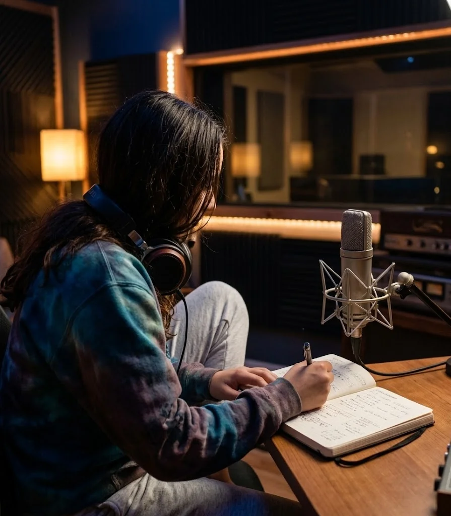 Young female musician in a recording studio, representing Pele Velentina's debut music career