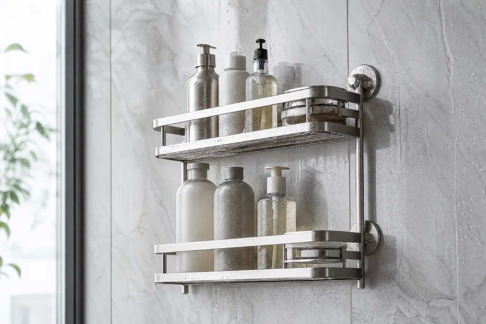 Stainless steel wall-mounted shower caddy with bottles