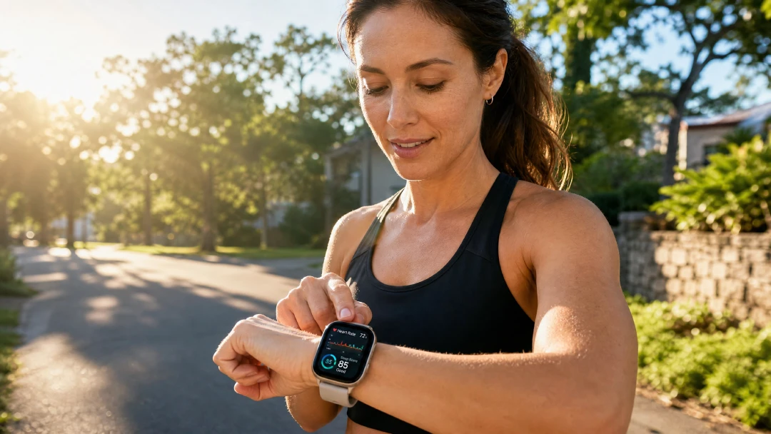 A woman in athletic wear glancing at health metrics on her Apple Watch after a morning workout