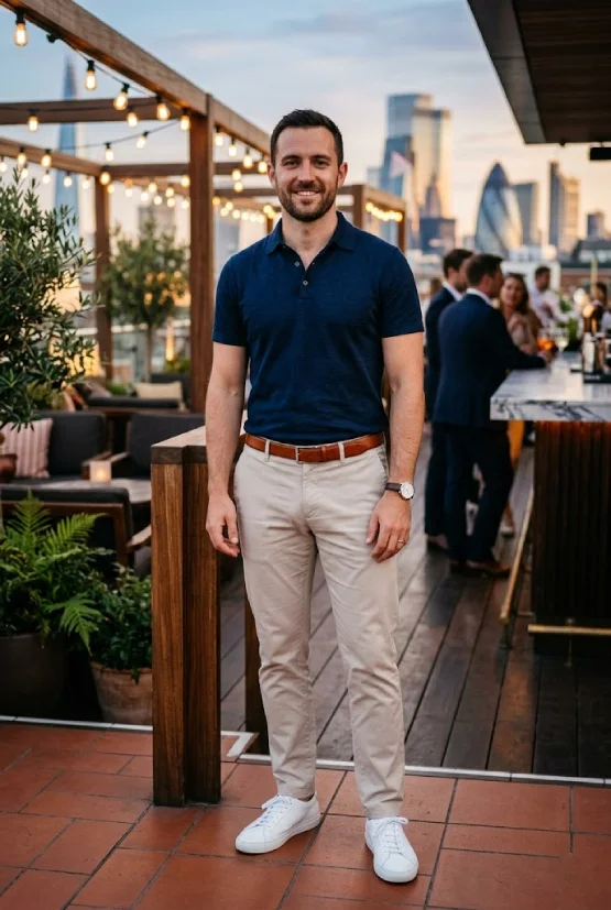 Sporty chic polo shirt, chinos outfit, FIFA World Cup watch party
