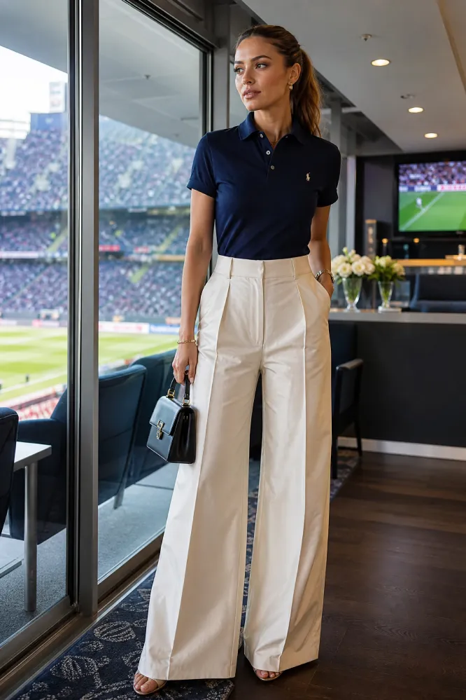 A sophisticated woman wearing a navy blue slim-fit polo shirt and high-waisted cream-colored wide-leg taffeta pants, standing in a luxury stadium lounge overlooking the football pitch.