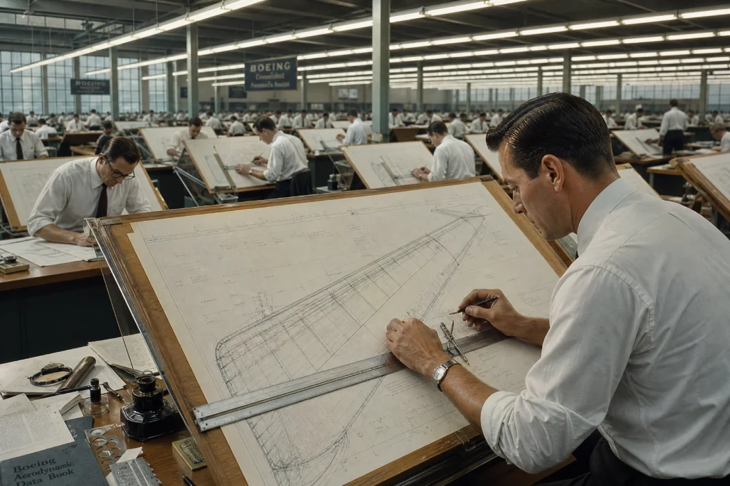 A historical 1950s Boeing drafting room with dozens of draftsmen in white shirts working at large wooden drafting tables, focusing on a detailed aircraft wing blueprint.