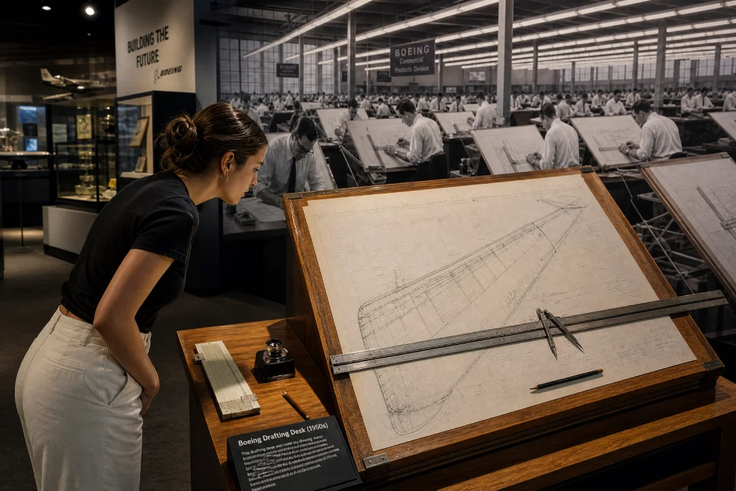 A museum visitor leaning in to examine a preserved 1950s Boeing drafting desk exhibit, with a large-scale mural of the original drafting room in the background.
