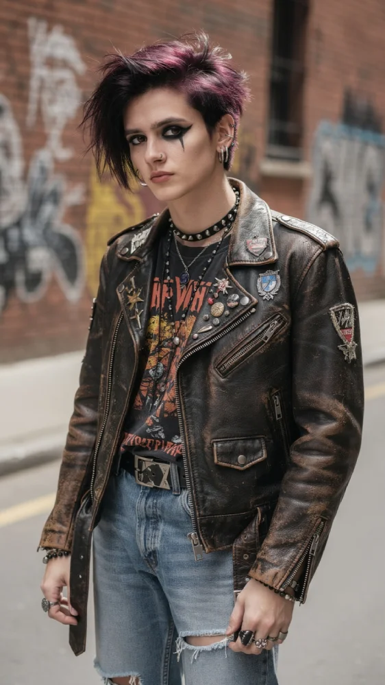 Young adult in punk style clothing with a black leather jacket, band tee, ripped jeans, and combat boots standing in an urban alley with graffiti walls, styled with layered accessories and bold eyeliner, captured in moody natural light