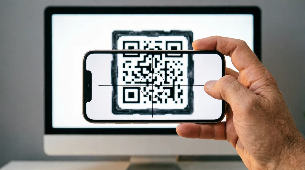 Person holding a smartphone scanning a Star Wars FX app QR code displayed on a computer monitor
