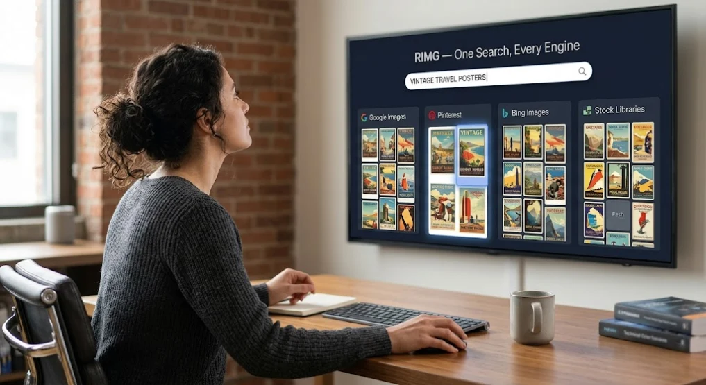 A professional-looking photograph of a woman working at a modern office desk, using a specialized search engine platform called RIMG, which aggregates results from major image search engines like Google Images, Pinterest, Bing Images, and Stock Libraries.