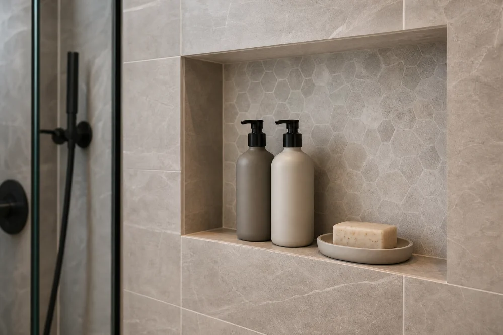 Built-in shower niche with toiletries