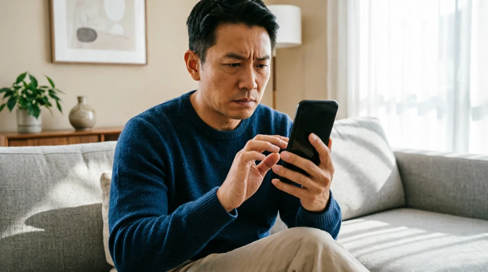 A concerned person looking at their smartphone screen displaying a 'No Service' warning, illustrating the sudden realization that their phone number may have been hijacked by scammers.
