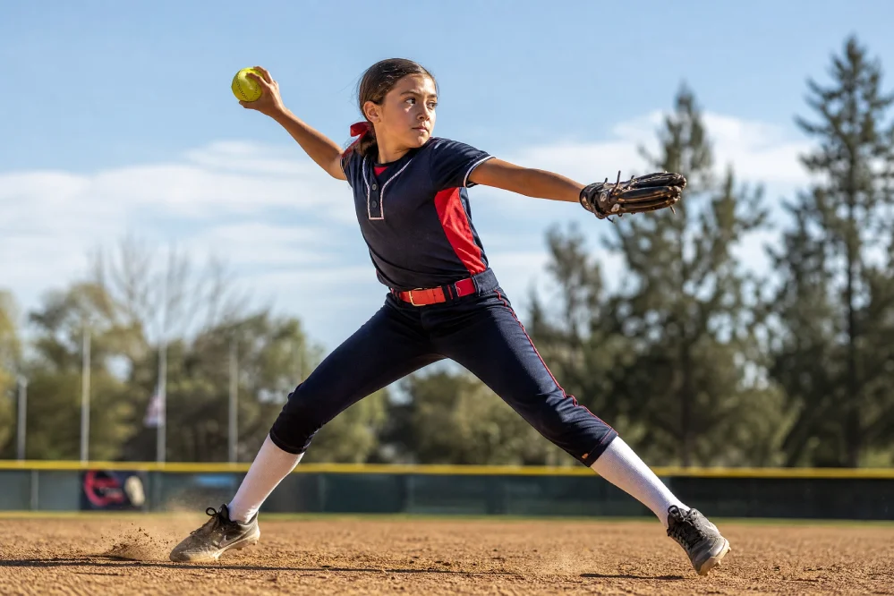 A young girl in a baseball uniform mid-throw on a sunny field, her expression focused and her form showing professional-level athletic skill.