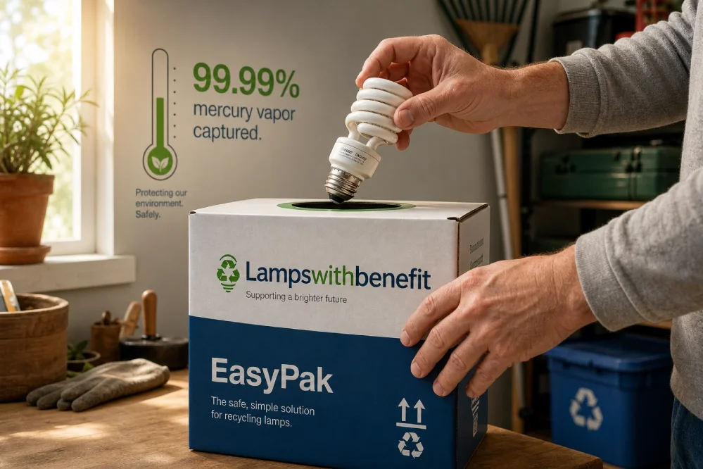 A close-up of an EasyPak recycling container with a spent CFL being placed inside, beside a small graphic showing 99.99% mercury capture