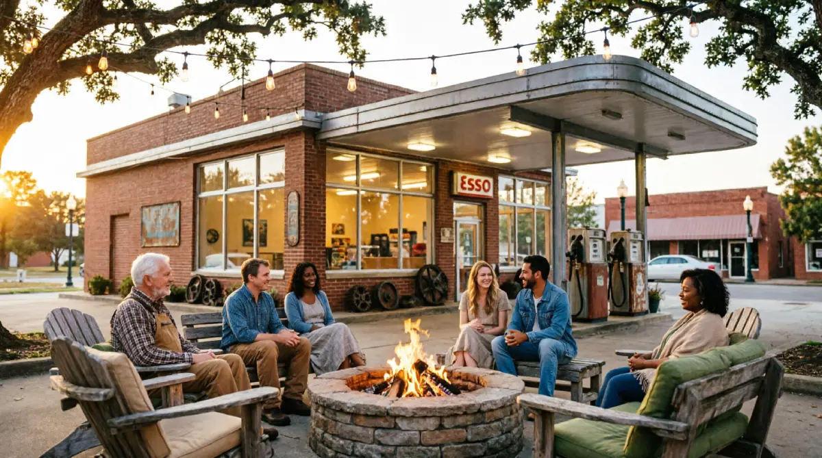 Mike Wolfe's restored Esso gas station in Columbia, Tennessee, with fire pit seating and outdoor lighting