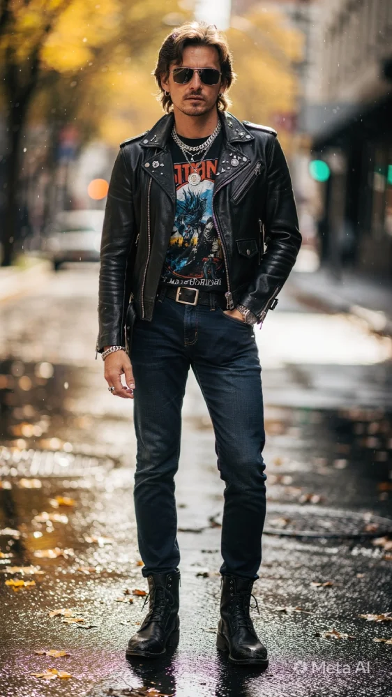 Stylish person wearing a leather jacket, vintage band t-shirt, dark jeans, and boots on a city street with autumn leaves and rain-slicked pavement, representing year-round rocker fashion