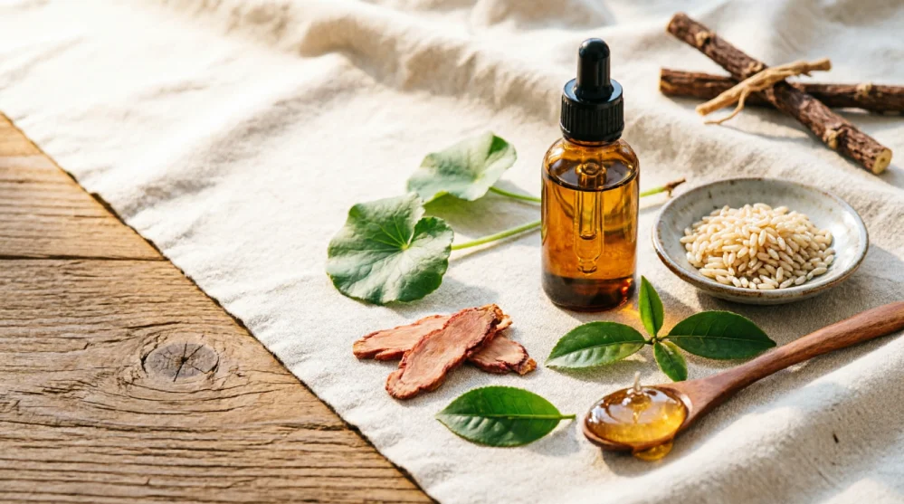 Flat lay of Korean skincare ingredients including amber serum bottle, centella asiatica leaves, ginseng root slices, green tea leaves, honey on wooden spoon, and rice grains on natural linen cloth