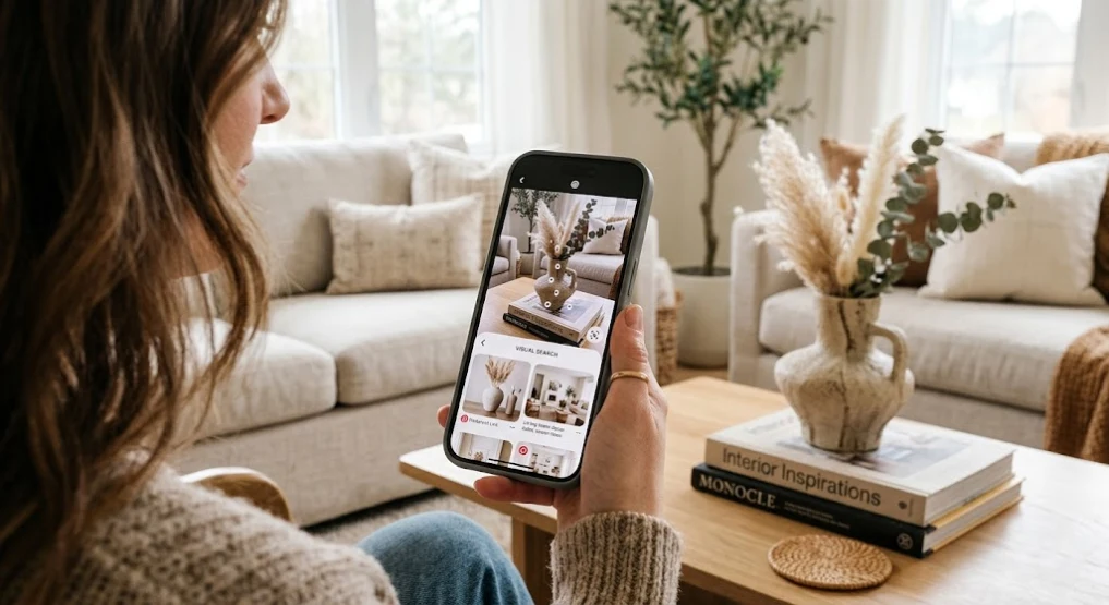 A women is using Pinterest Lens on her smartphone to find home decor ideas.