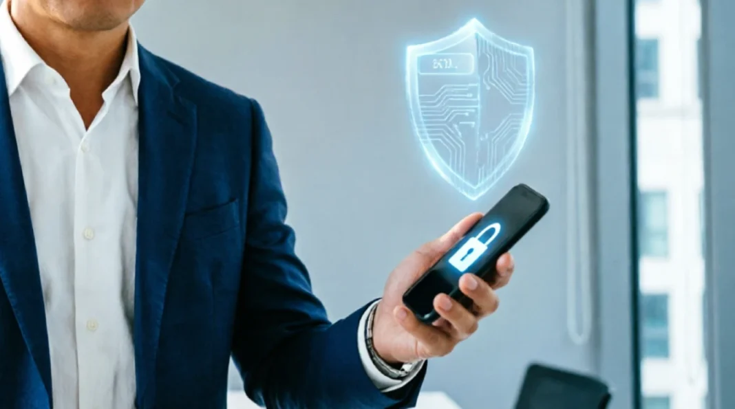 Professional businessman holding smartphone with digital security shield visualization, demonstrating how to secure your phone number from scammers and prevent SIM swap fraud through carrier-level protection and two-factor authentication.