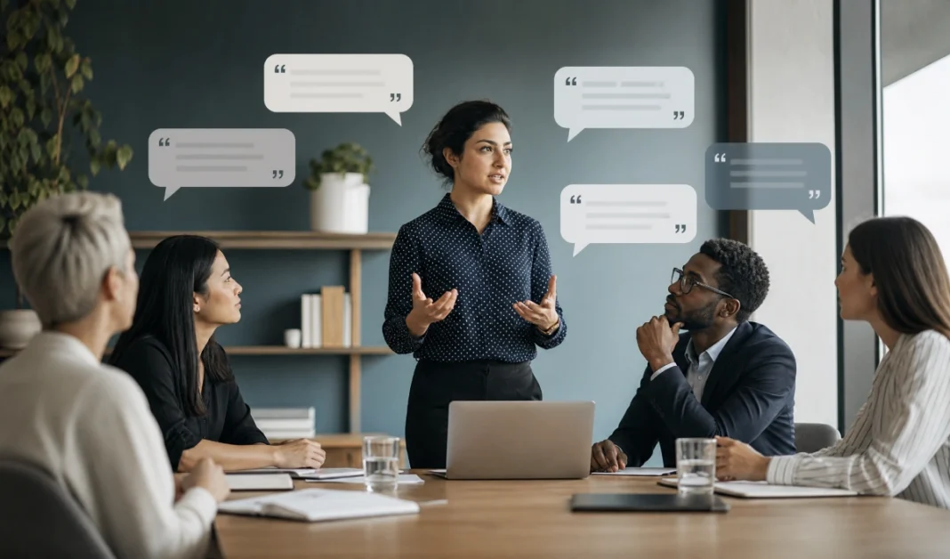 A diverse group of professionals in a modern office setting, with a woman speaking in the foreground, surrounded by speech bubbles representing common sexist phrases. The image conveys a sense of discussion and awareness around gender bias in language.