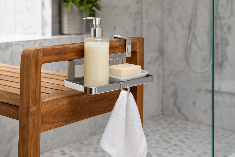 shower bench caddy holding shampoo and soap