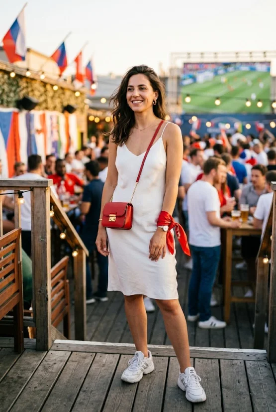 Slip dress sneakers team color accessories FIFA World Cup watch party outfit