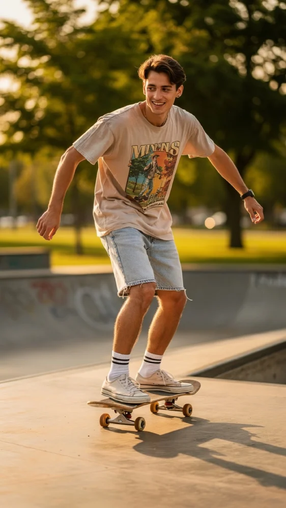 Young adult skateboarder in vintage graphic tee and denim shorts doing a trick at a sunlit skatepark during golden hour, with green trees blurred in the background