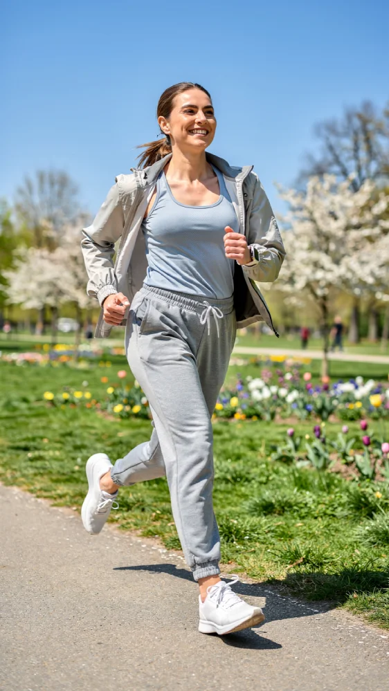 Athletic person jogging outdoors in spring/summer athleisure — tank top, lightweight jacket, joggers, and sneakers — on a sunny park path with green grass and blooming flowers