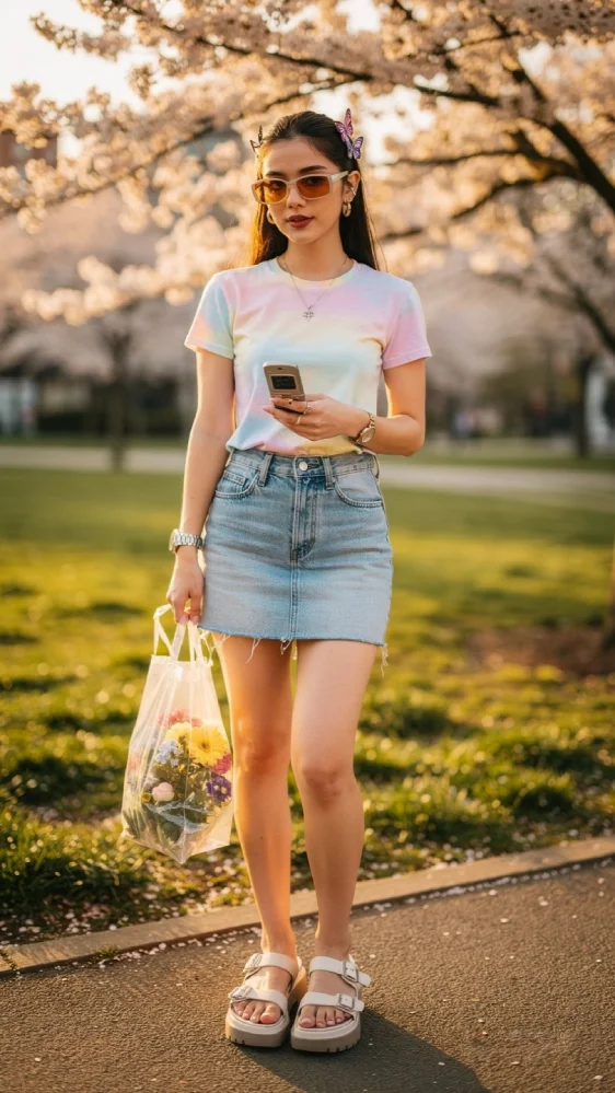 Young woman in authentic Y2K fashion wearing a pastel baby tee, low-rise denim skirt, butterfly hair clips, tinted sunglasses, and platform sandals, holding a flip phone and flowers while standing in a sunlit park with blooming cherry blossoms during spring
