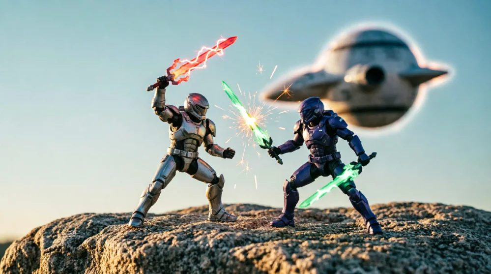Star Wars action figure duel with lightsaber effects, sparks, and TIE Fighter fly-by created using Star Wars Movie FX Maker codes