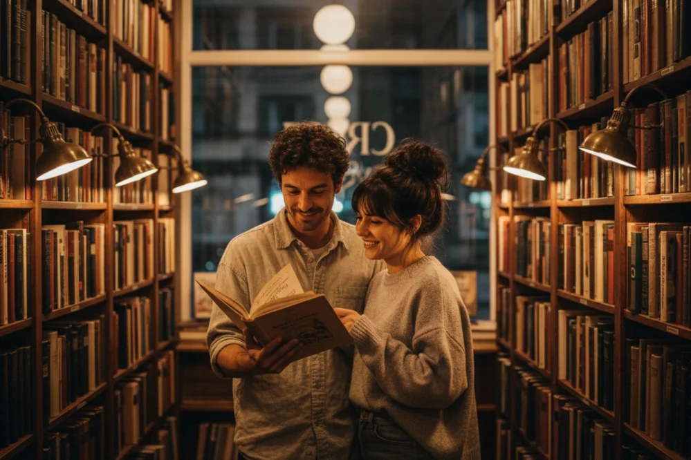 A couple sharing a quiet moment in a cozy, old-fashioned bookstore at night, standing between tall wooden bookshelves under warm library lamps.
