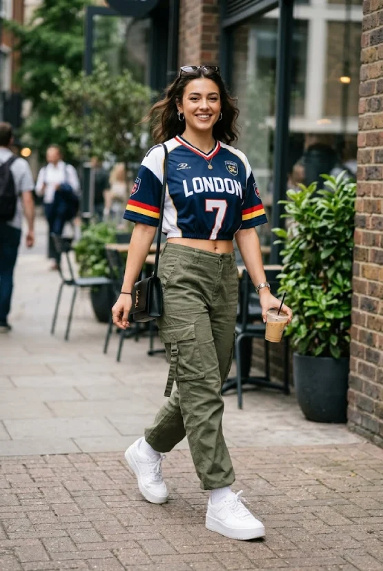 A woman on a city street wearing a cropped London football jersey, olive green cargo pants, and white platform sneakers, embodying a stylish streetwear aesthetic.