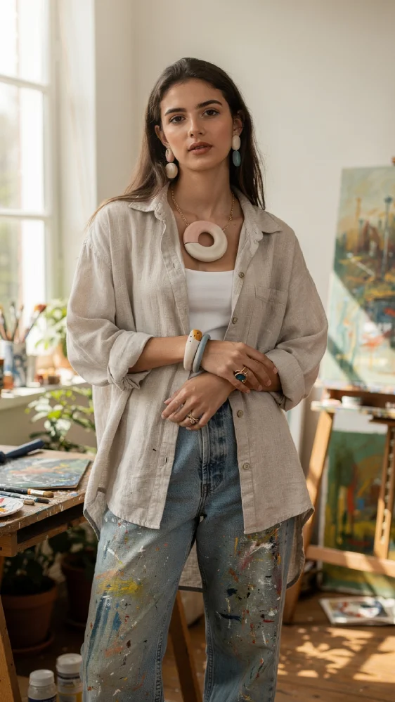 Young creative person in a sunlit art studio wearing an oversized linen shirt, paint-splattered denim, and handmade ceramic jewelry, with canvases and plants in the background