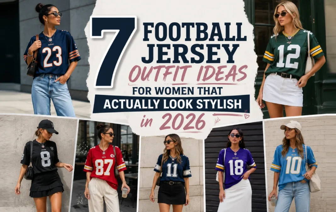 Collage featuring seven women styling football jerseys in different streetwear outfits, including skirts, jeans, and shorts, with bold central text reading “7 Football Jersey Outfit Ideas for Women That Actually Look Stylish in 2026.”