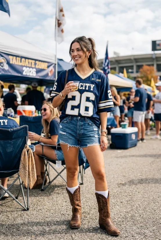 A stylish woman at a bustling 2026 pre-game tailgate party wearing a dark blue "CITY 26" football jersey, distressed denim shorts, and brown leather cowgirl boots, holding a plastic cup.