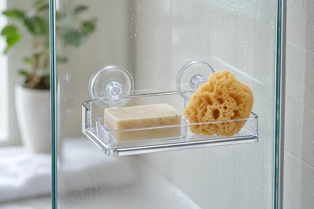 Repositionable shower caddy on glass door